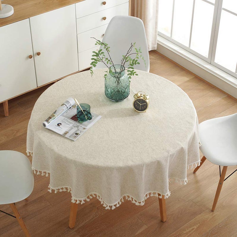 AMZALI Cotton Linen Fabric Tassel Round Tablecloth Dust-Proof Table Cover for Kitchen Dinning Tabletop Home Decoration (60 Inch, Linen) - Image 4